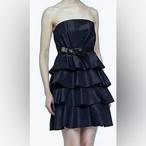 Rebecca Taylor Silk Blend Organza Dress Strapless Tiered in Navy Blue Size 0